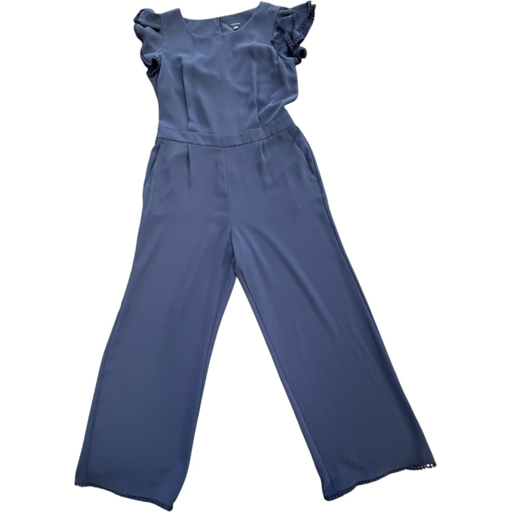 Ann Taylor Womens 8 Navy Blue Flutter Sleeve Pom Pom Wide Leg Jumpsuit Dressy